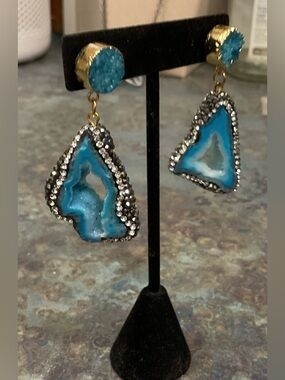 Blue Druzy Geode Drop Earrings - Gold Tone